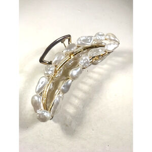Hair Barrette Alligator Clip Faux Pearl Metal Gold Tone White Wedding Party Work
